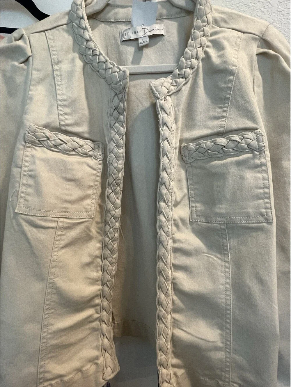 Established 1962 Cream Denim Jean Jacket Braided Trim And Collar